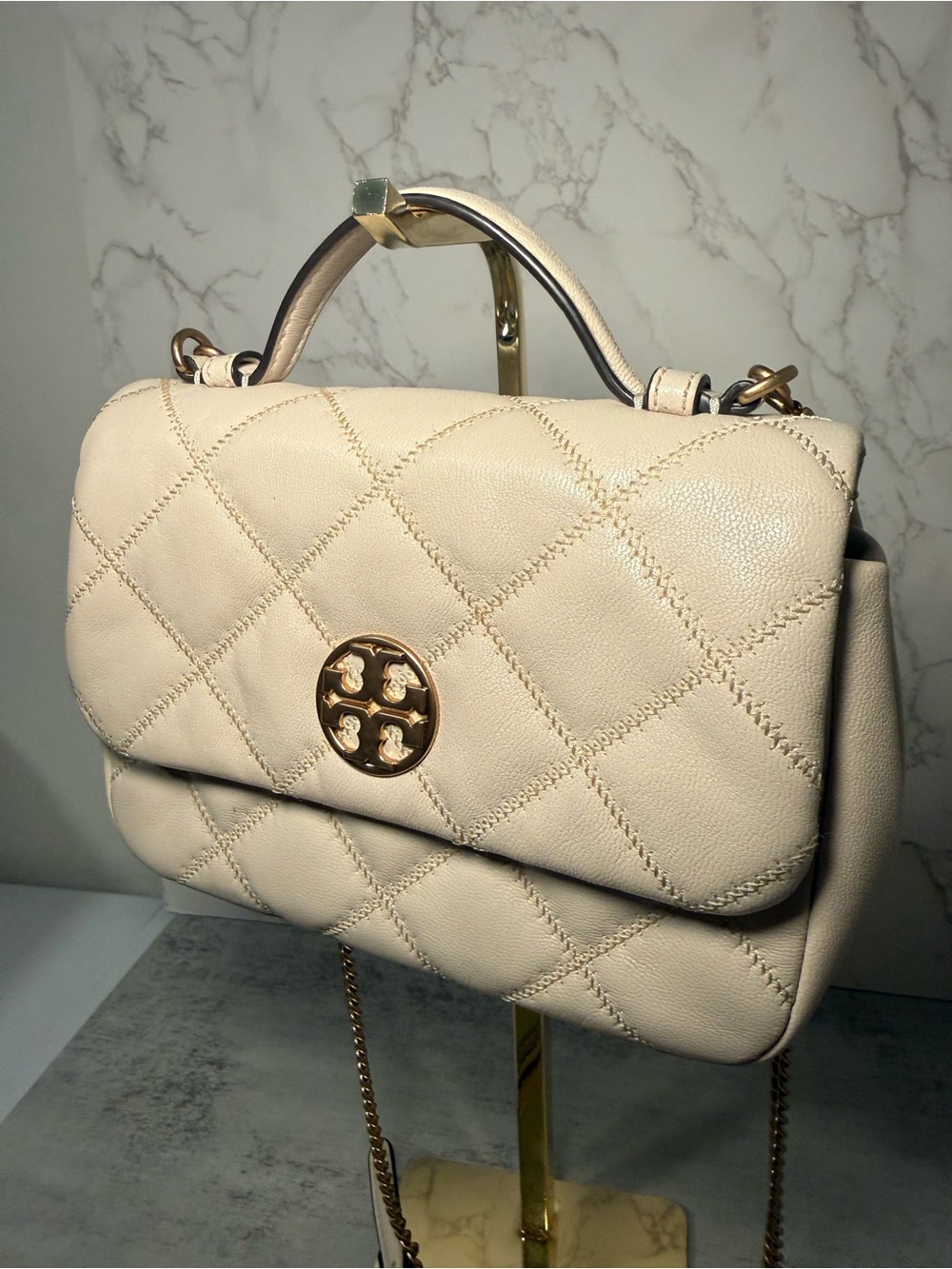 Tory Burch Cream Quilted Leather Chain Crossbody - Picture 3 of 6